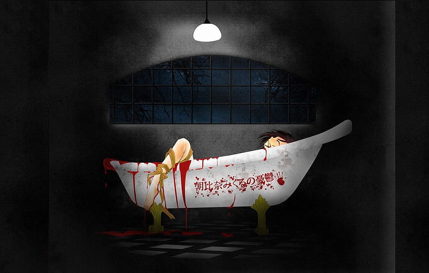 noite, a vítima, grade, local, suicídio, Uma piscina de, garota de anime de sangue suicida papel de parede HD