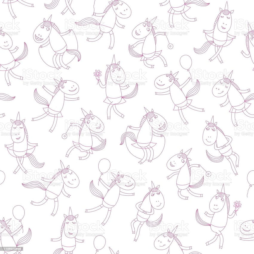 Seamless Pattern From Cute Unicorns On White Backgrounds Cartoon Childish Pink Print For Baby Girls Wrapping Paper With Happy Animals Coloring Book Page Contour Doodle Sketch Stock Illustration HD phone wallpaper
