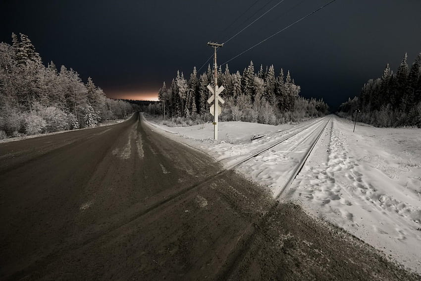 2872374 railway crossing night landscape road snow trees, crossing road HD wallpaper