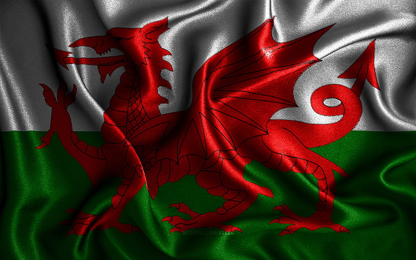 Bandiera gallese, bandiere ondulate di seta, paesi europei, simboli nazionali, bandiera del Galles, bandiere in tessuto, bandiera del Galles, arte 3D, Galles, Europa, bandiera Galles 3D con risoluzione 3840x2400. Alto, drago gallese Sfondo HD