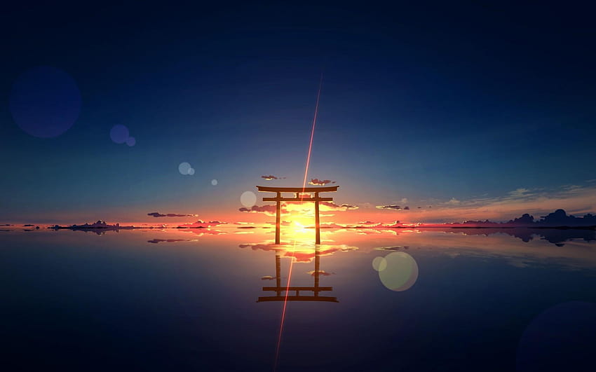 1920x1200 Anime Landscape, ศาลเจ้า, Torii, พระอาทิตย์ตก, สะท้อน วอลล์เปเปอร์ HD