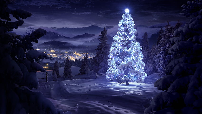 冬の風景村の雪とクリスマス ツリー、クリスマス シーンのアニメ 高画質の壁紙