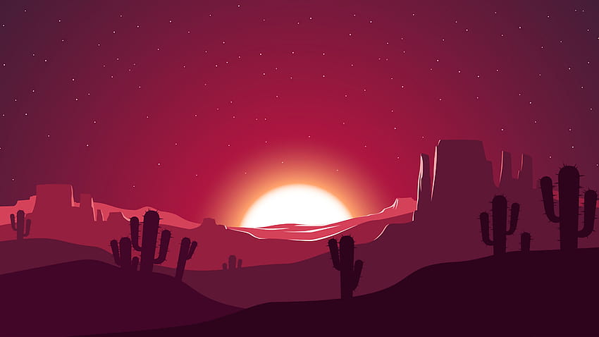 Кактус, залез, пустинни звезди, пейзажен силует, художник, фонове и пустинен кактус HD тапет