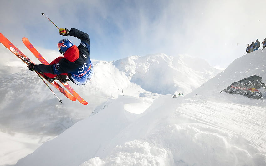 olahraga musim dingin, ski gunung, ski, salju, musim dingin, Red Bull, olahraga ekstrim dengan resolusi 2880x1800. Kualitas tinggi Wallpaper HD