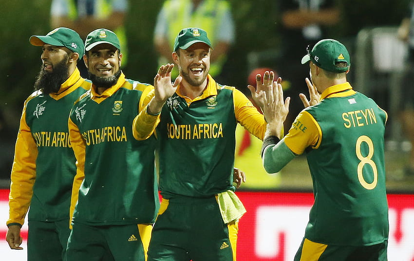 De Villiers d'Afrique du Sud célèbre avec son coéquipier Steyn après avoir renvoyé Mire du Zimbabwe pris lors de leur match de Coupe du monde de cricket à Hamilton, équipe de cricket d'Afrique du Sud Fond d'écran HD