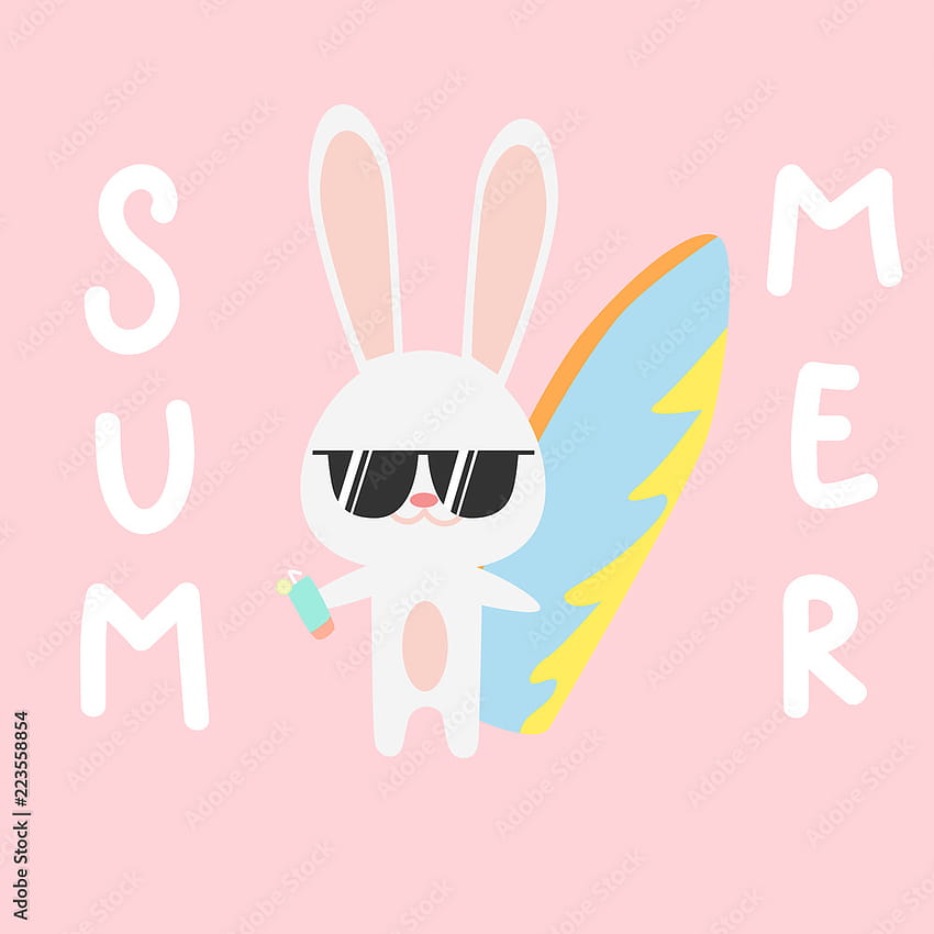 Cute adorable rabbit bunny holding surfboard summer time cartoon backgrounds flat style Stock Vector, summer time cartoons HD phone wallpaper