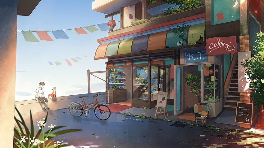 1920x1080 Anime Kawiarnia, Chłopak, Lis, Sceniczny, Budynek na panoramiczny Tapeta HD
