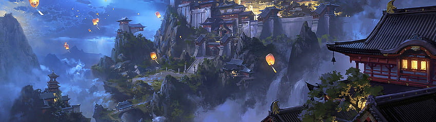 アニメ スカイ ランタン山日本の城の夜の風景、日本アニメの夜 高画質の壁紙