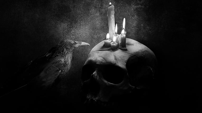 2878705 1920x1080 art numérique dessin monochrome crâne bougies corbeau, animaux de feu Fond d'écran HD