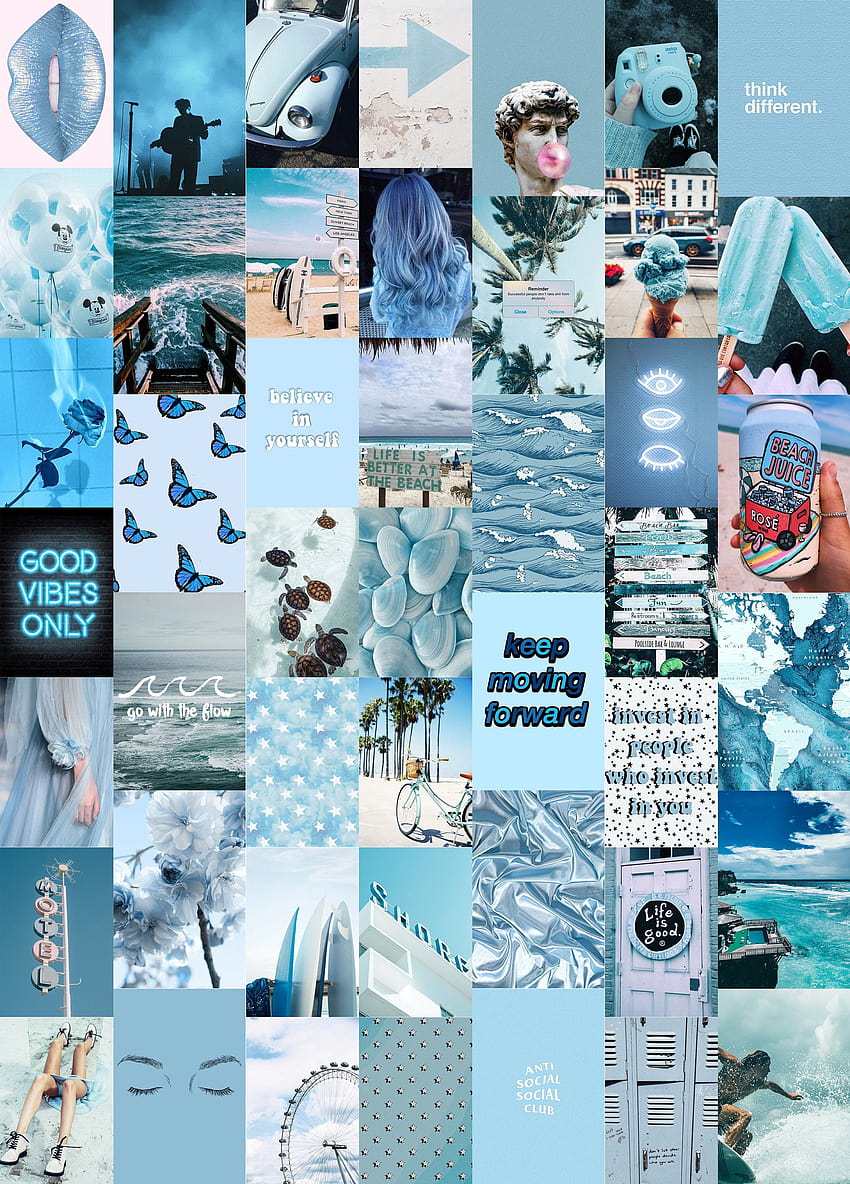 Ocean Blues Wall Collage Kit цифрова стена, естетичен колаж в синьо HD тапет за телефон