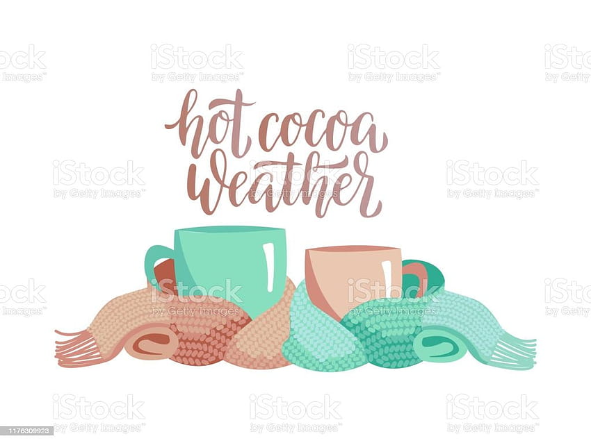 Two Mugs In Knitted Scarf Composition Of 2 Cups With Lettering Hot Cocoa Weather Cups Wrapped In Warm Scarf Atmosphere For Relax Winter Party Flat Cartoon Illustration On White Backgrounds Stock Illustration, 2cups HD wallpaper