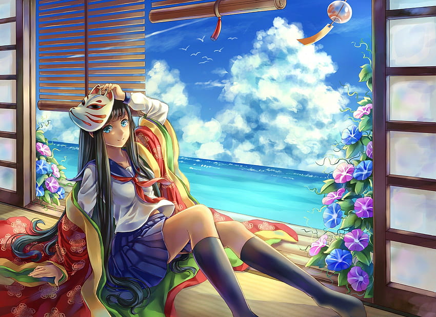 clouds, summer, seifuku, anime, Japanese clothes, anime girls, summer anime girls HD wallpaper