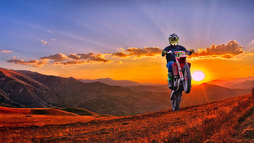 3840x2160 motorcycle, motorcyclist, cross, mountains, sunset, off HD wallpaper