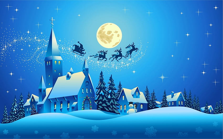휴일 크리스마스 예술적 블루 산타 썰매 집 눈사람 교회 트리, 크리스마스 일러스트 울트라 HD 월페이퍼