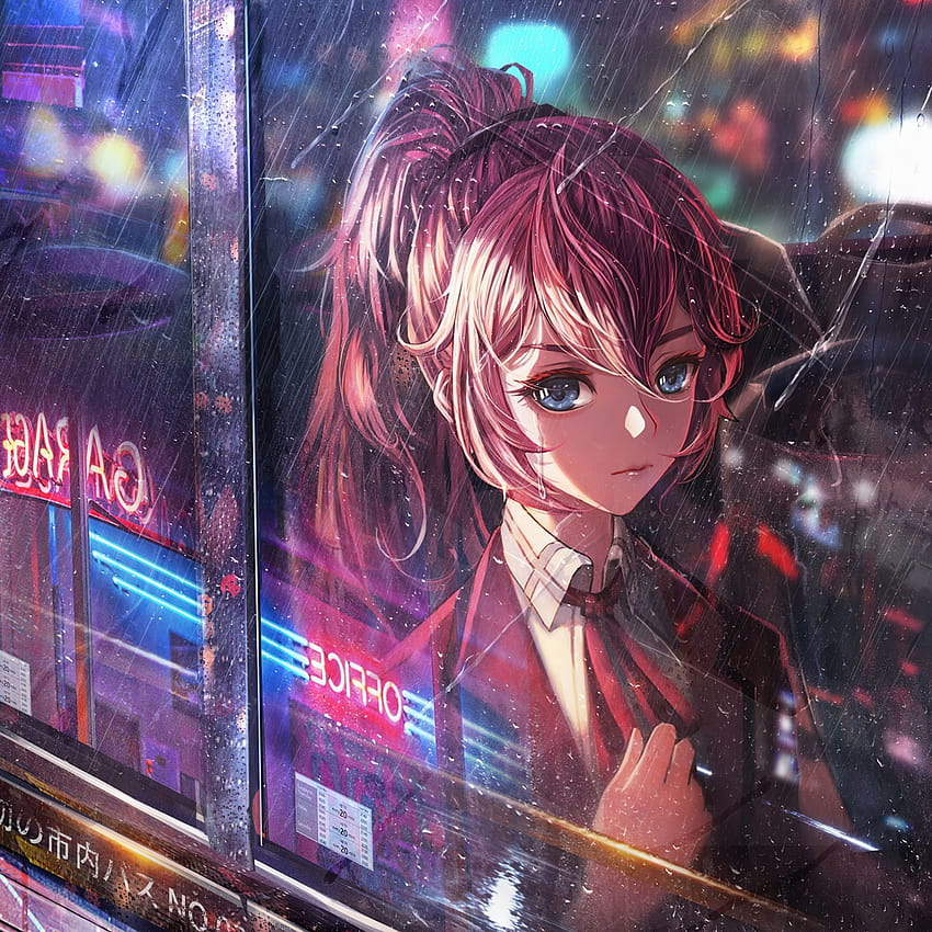 Anime Girl Bus Window Neon City, anime pink neon HD phone wallpaper