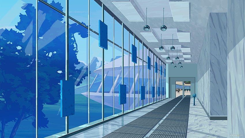 blue interiors, anime school lunchroom HD wallpaper