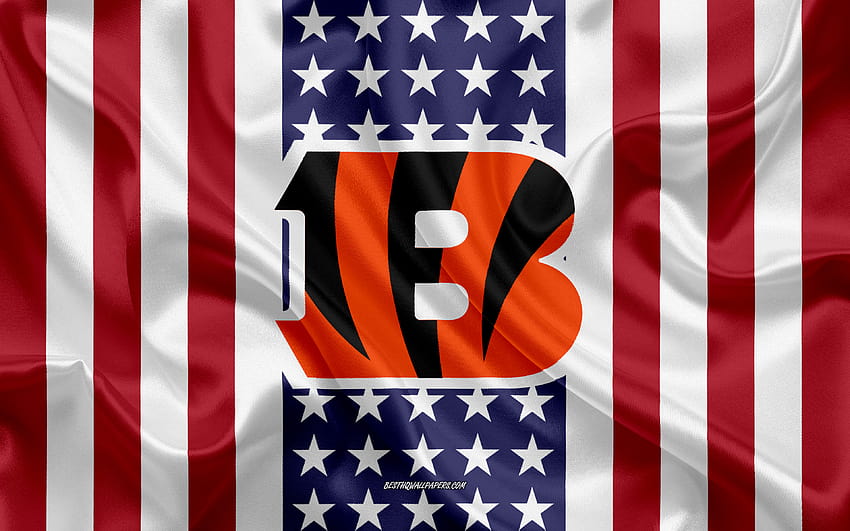 Cincinnati Bengals, Logo, Emblem, Seidentextur, amerikanische Flagge, American-Football-Club, NFL, Cincinnati, Ohio, USA, National Football League, American Football, Seidenflagge mit einer Auflösung von 3840 x 2400. Hohe Qualität HD-Hintergrundbild
