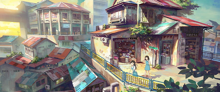 3440x1440 Anime Buildings, Summer, Girls, Clouds, Artwork, Sunset, Scenic, 3440x1440 summer HD wallpaper