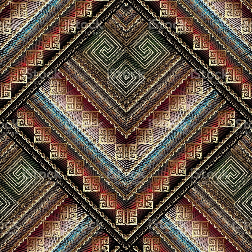 縞模様の部族の刺繍のシームレスなパターン ベクトル タペストリー Gree HD電話の壁紙