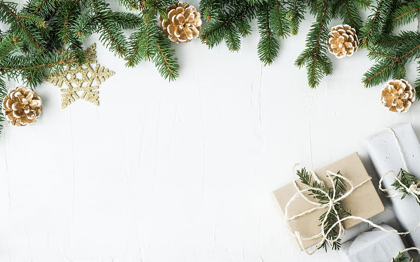 Natal, latar belakang kayu putih, cabang pohon Natal, Tahun Baru, latar belakang Natal kreatif dengan resolusi 2880x1800. Kualitas tinggi, cabang natal Wallpaper HD