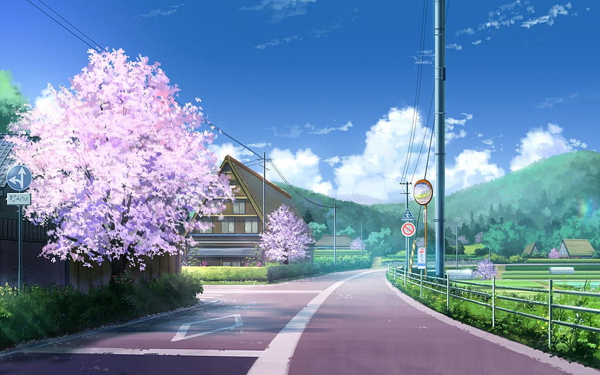 1920x1200 Cherry Blossom, Anime Landscape, Scenic, Street, Sky for MacBook Pro 17 inch, ท้องฟ้าสีฟ้า ฤดูใบไม้ผลิ อนิเมะ วอลล์เปเปอร์ HD