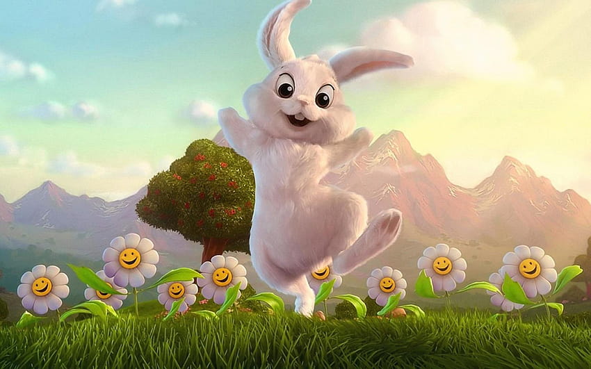 hasen berge bäume blumen tiere felder lustige kaninchen, anime cooles häschen HD-Hintergrundbild
