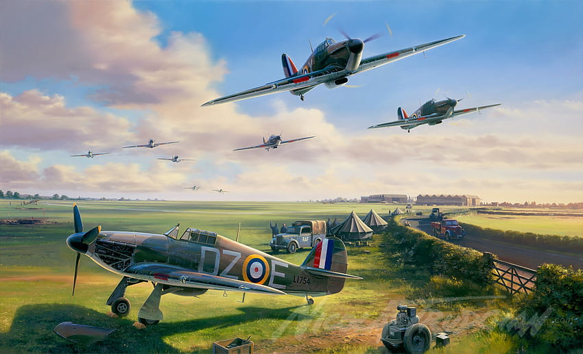 : vehicle, airplane, military aircraft, World War II, air force, Battle of Britain, Royal Airforce, Hawker Hurricane, Flight, Takeoff, atmosphere of earth, fighter aircraft, air show, aerobatics, general aviation, aircraft engine HD wallpaper