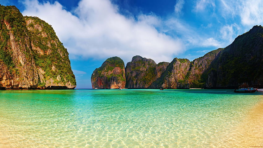 หาดอ่าวมาหยา เกาะพีพีลี ประเทศไทย วอลล์เปเปอร์ HD