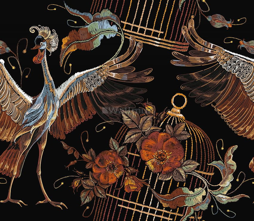 Crane Birds and Flowers with Golden Cage Mural HD wallpaper