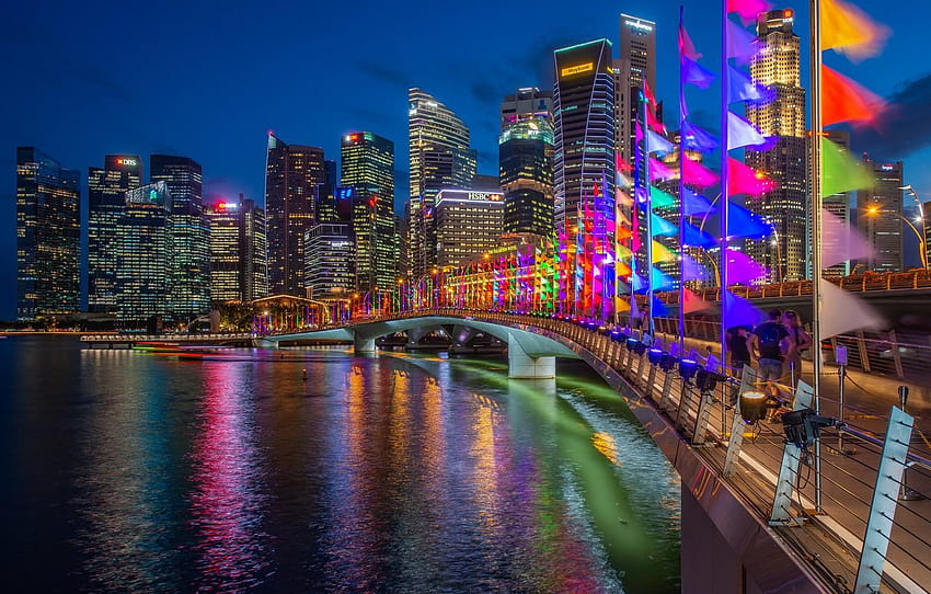 мост, сграда, дом, залив, Сингапур, нощен град, Марина Бей нощ Сингапур HD тапет