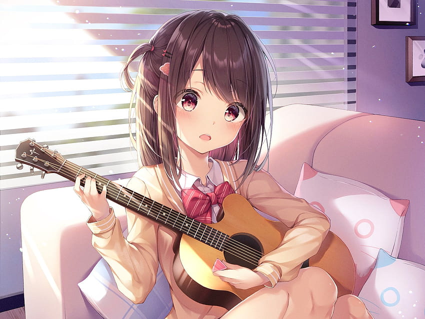 Garota de anime tocando violão, guitarra de garota de anime papel de parede HD