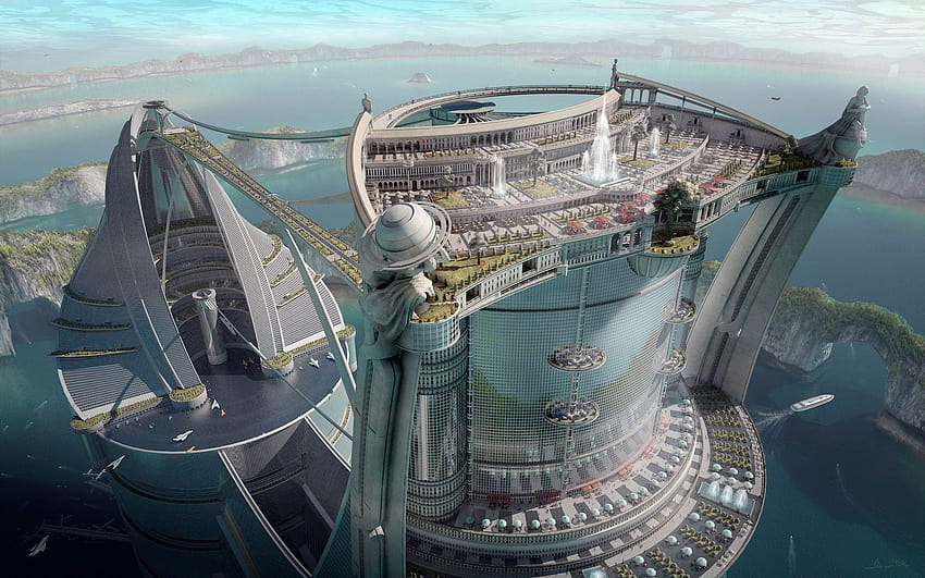 Sci Fi Miasto Przyszłość Architektura Jezioro Statek Kraj Budynek, futurystyczny projekt architektury Tapeta HD