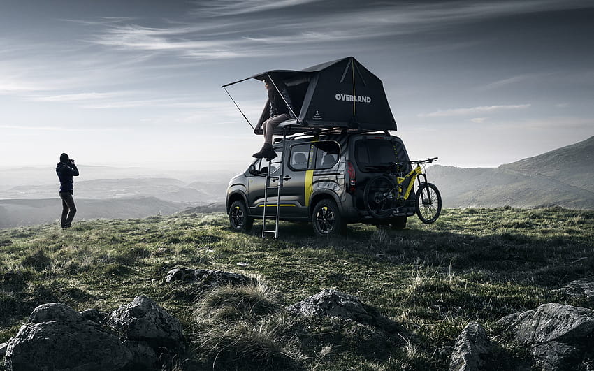  Peugeot Rifter, viaje en coche, carpa en el techo, tuning, montaña, nuevo Rifter negro, Peugeot con resolución 0x2.  Alta calidad, viaje en automóvil HD fondo de pantalla