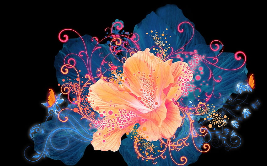 синьо, красиво, cg, оранжево, черно, цвете, хубаво, страхотно, абстрактно, изкуство, 3D, ::, неонови цветя HD тапет