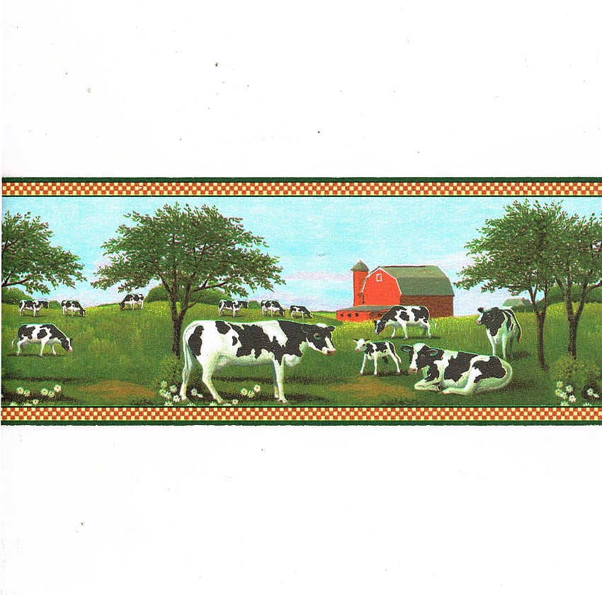 Czarno-białe krowy Pastwisko Country Farm Red Barn House Primitive Border na sprzedaż online Tapeta HD