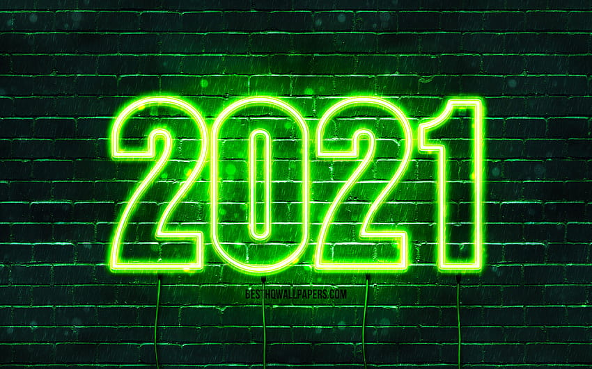 Szczęśliwego Nowego Roku 2021, zielony mur z cegły, 2021 zielone cyfry neonowe, koncepcje 2021, przewody, nowy rok 2021, 2021 na zielonym tle, cyfry 2021 roku, Nowy Rok 2021 z, szczęśliwego nowego roku 2021 neon Tapeta HD
