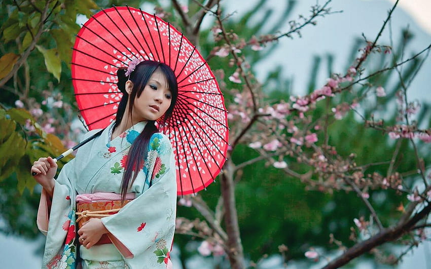 ชุดกิโมโนญี่ปุ่นแสนสวย ร่มผู้หญิงญี่ปุ่น วอลล์เปเปอร์ HD