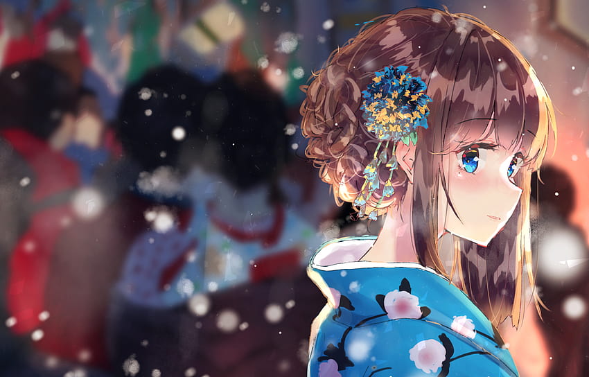 1926x1233 Chica anime, cabello castaño, kimono, nieve, ojos azules, vista de perfil, chicas anime de cabello castaño fondo de pantalla