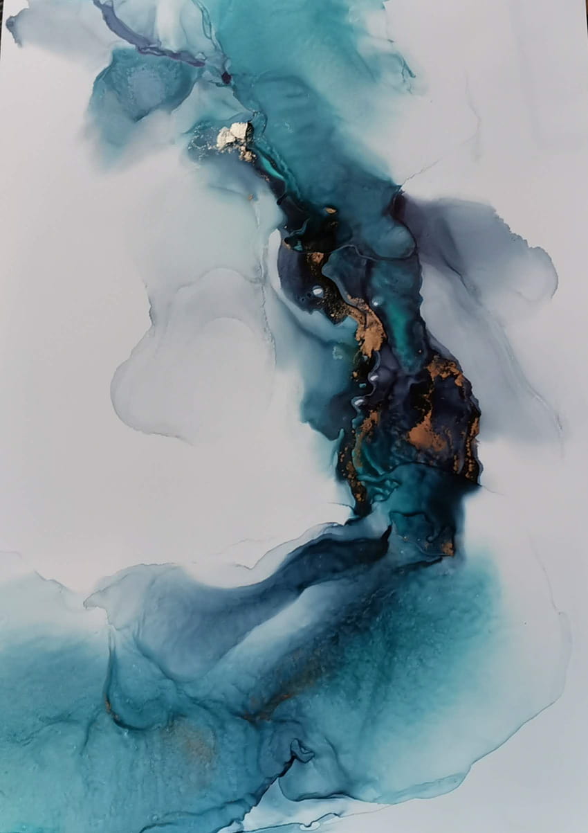 Niebieski i turkusowy atrament alkoholowy malarstwo abstrakcyjne, atrament Tapeta na telefon HD