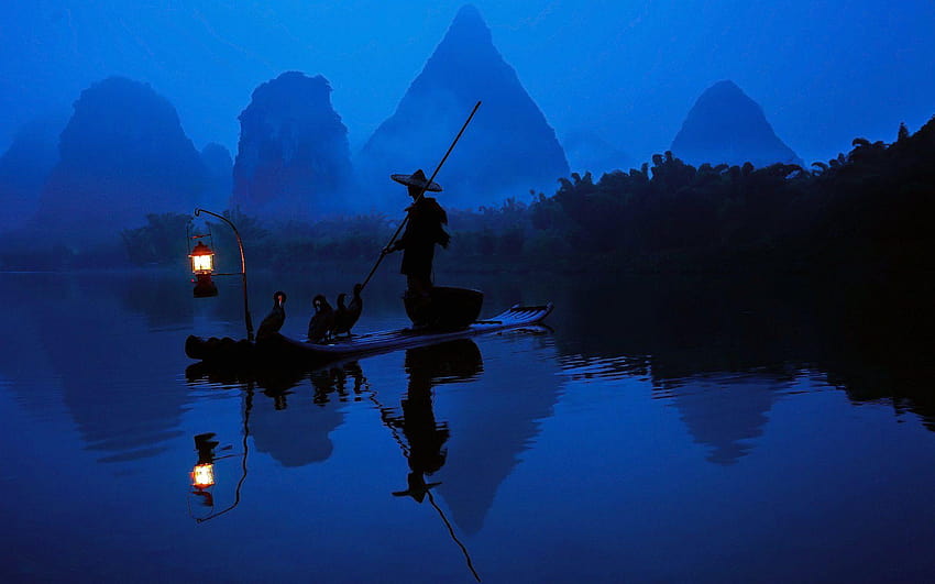 China Fisherman On Night HD wallpaper