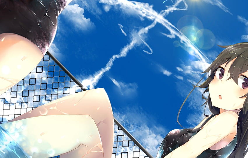 swimsuit, the sky, girl, clouds, wet, anime, pool, art, wet anime HD wallpaper