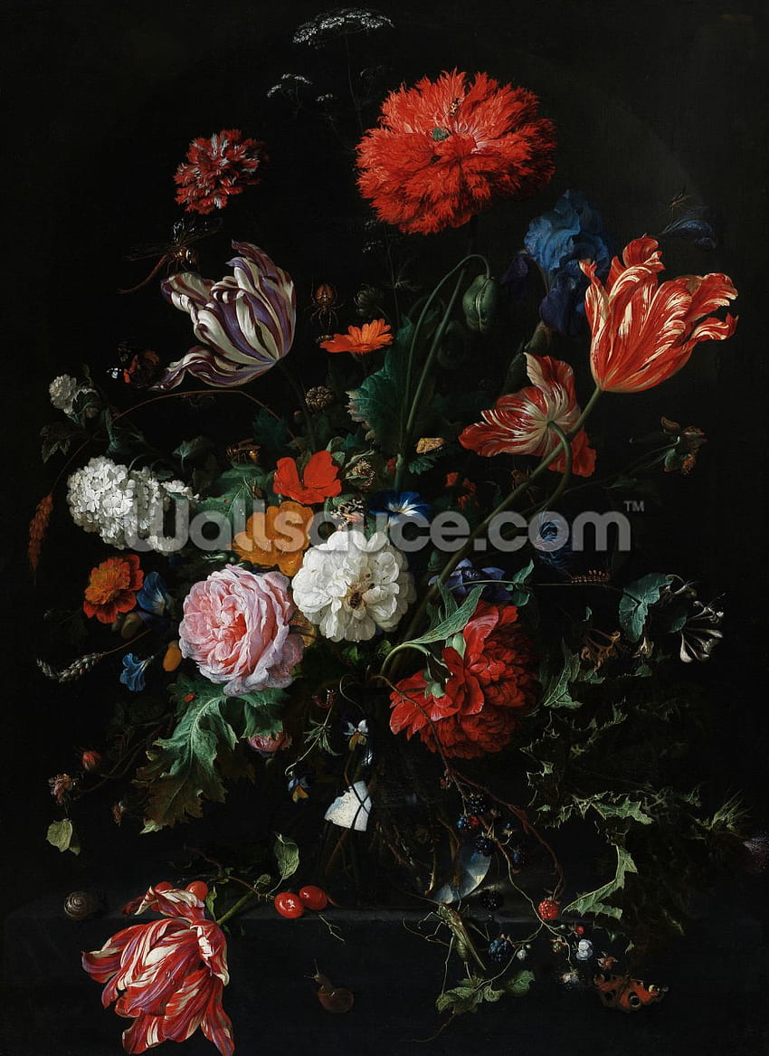Стенопис „Цветя в стъклена ваза“ от Ян Давидс де Хем, който хем HD тапет за телефон