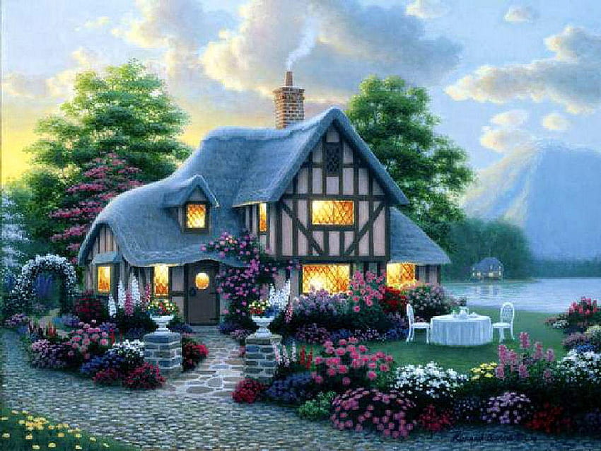 Storybook Cottage Garden, fairytale cottage HD wallpaper