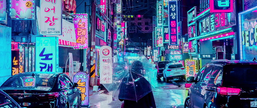 2560x1080 night city, street, umbrella, tokyo neon HD wallpaper