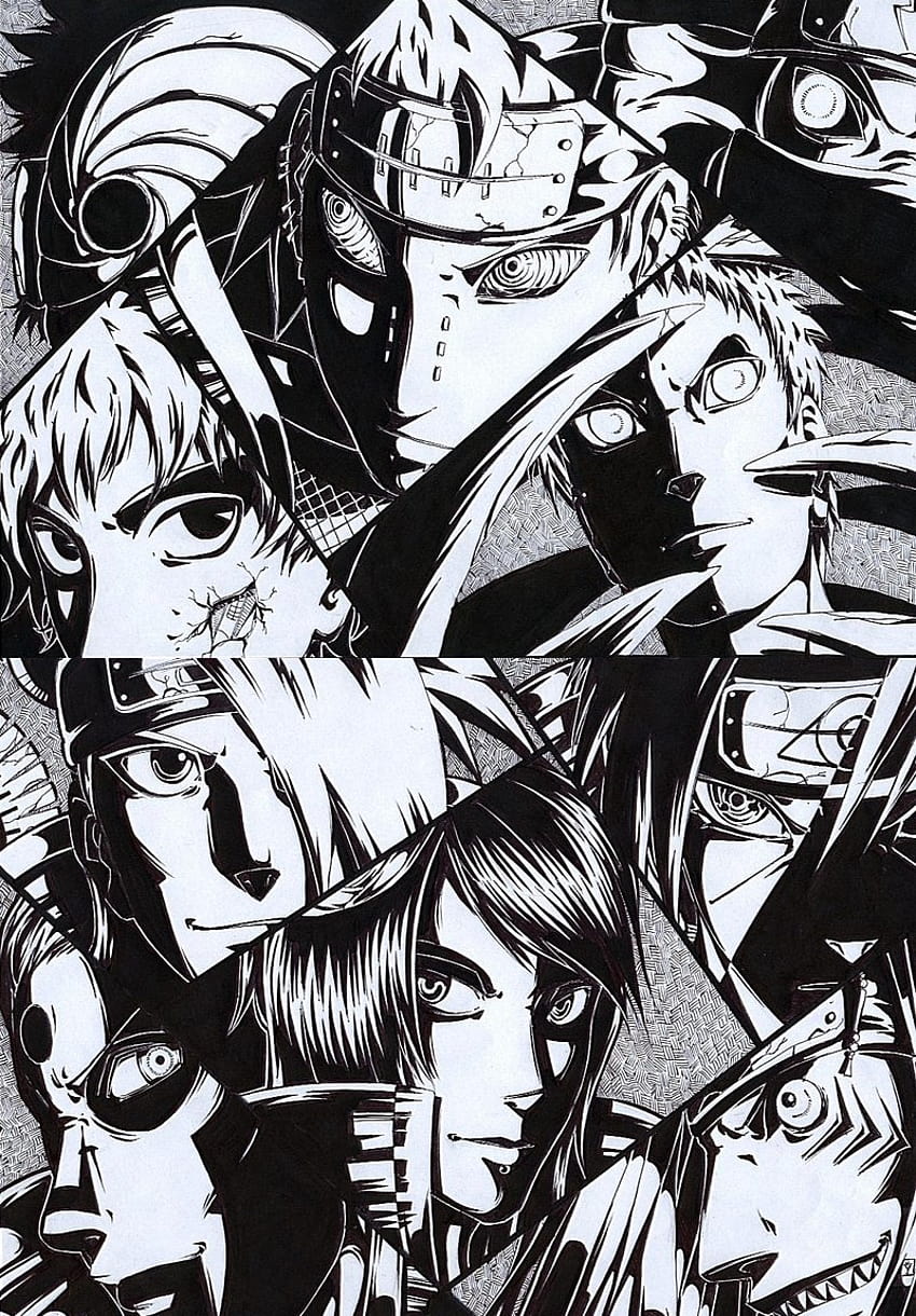 Uchiha Itachi, Konan, Deidara, Sasori, Pain y 5, itachi en blanco y negro fondo de pantalla del teléfono