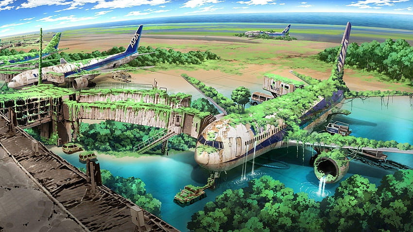 apokalyptisch, Flugzeug, Natur, Anime, Flugzeug, Zeichnung, Anime-Natur HD-Hintergrundbild
