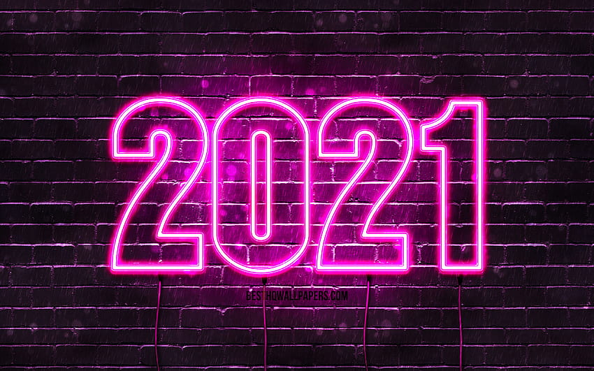 Happy New Year 2021, purple brickwall, creative, 2021 purple neon digits, 2021 concepts, wires, 2021 new year, 2021 on purple background, 2021 year digits with resolution 3840x2400. High Quality, happy new year 2021 neon HD wallpaper