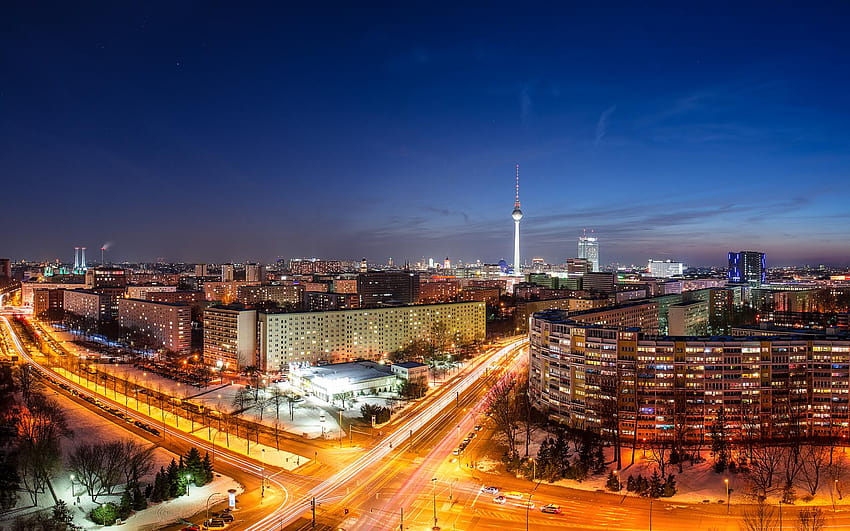 Kota Berlin menyala di malam hari, kota Wallpaper HD