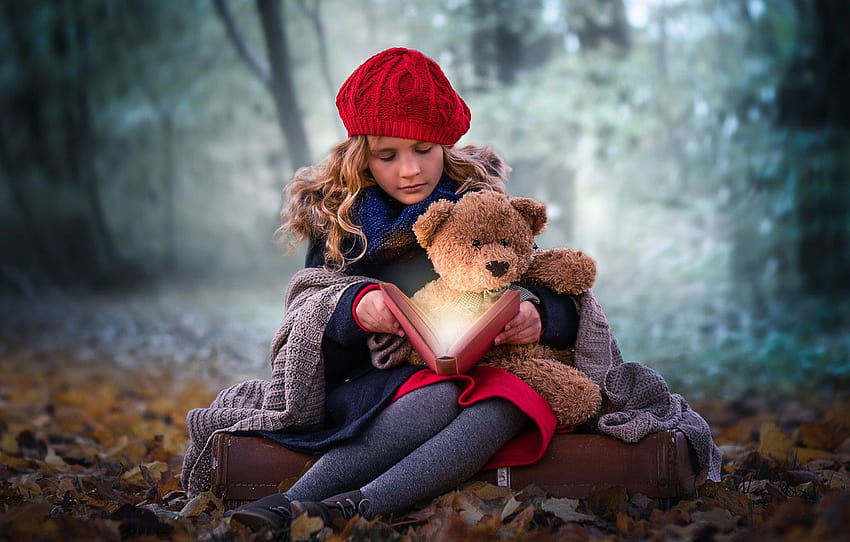 autumn, forest, magic, girl, book, bear, plaid, takes, teddy bear with girl HD wallpaper