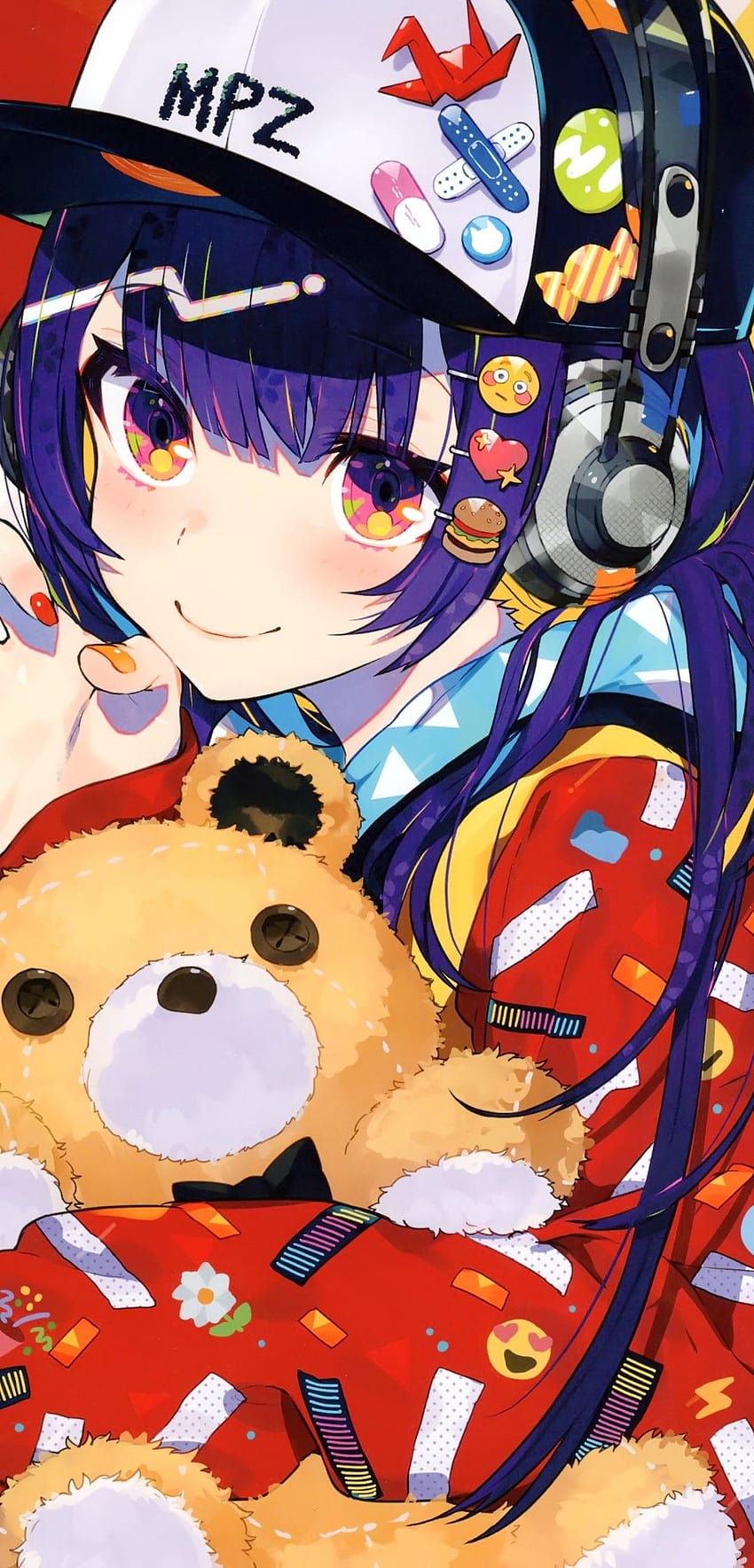1080x2246 Anime Girl, Headphones, Purple Hair, Cap, Teddy Bear for Xiaomi Pocophone F1, Asus ZenFone 5Z, anime bear HD phone wallpaper